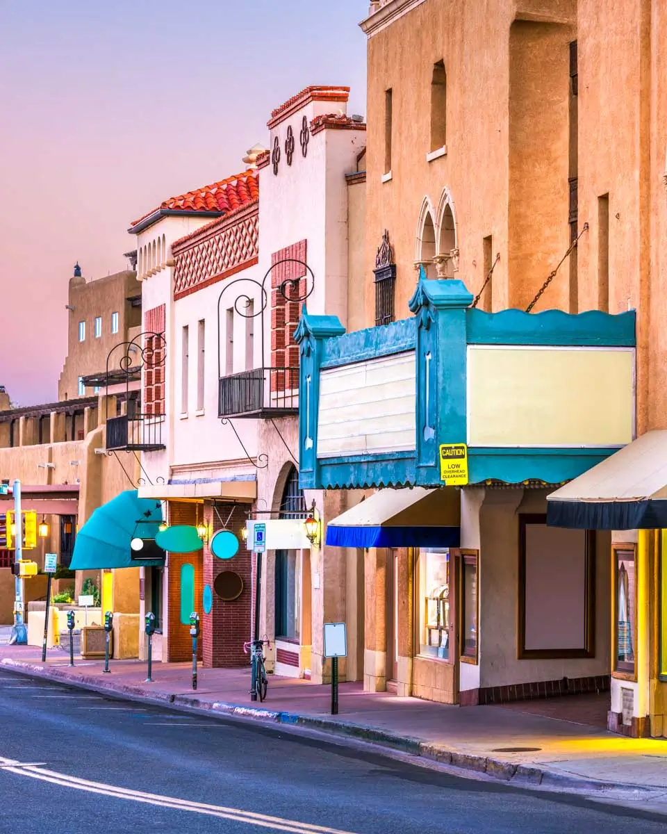Shops lined up in Santa Fe Downtown, New Mexico