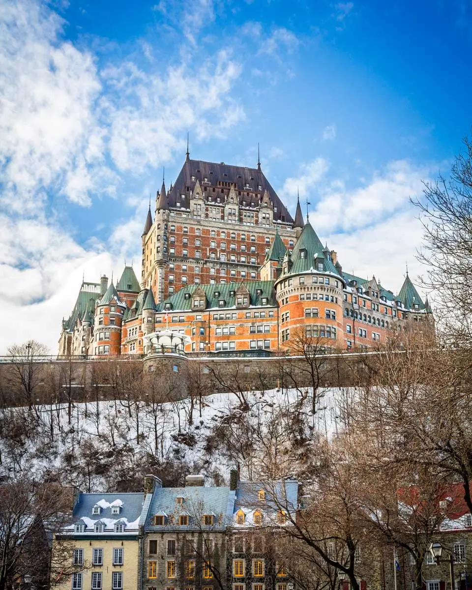 Snow-covered view of Chateau de Frontenac above Old Quebec, Canada