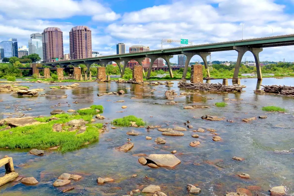 The James River seen from the bank in Richmond, Virginia