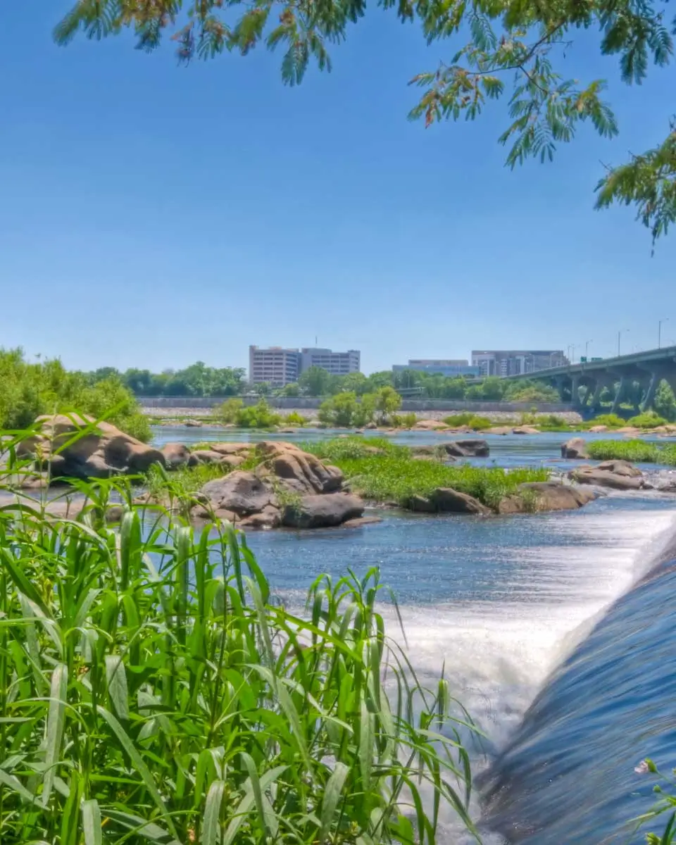 The James River seen on a sunny day in Richmond, Virginia