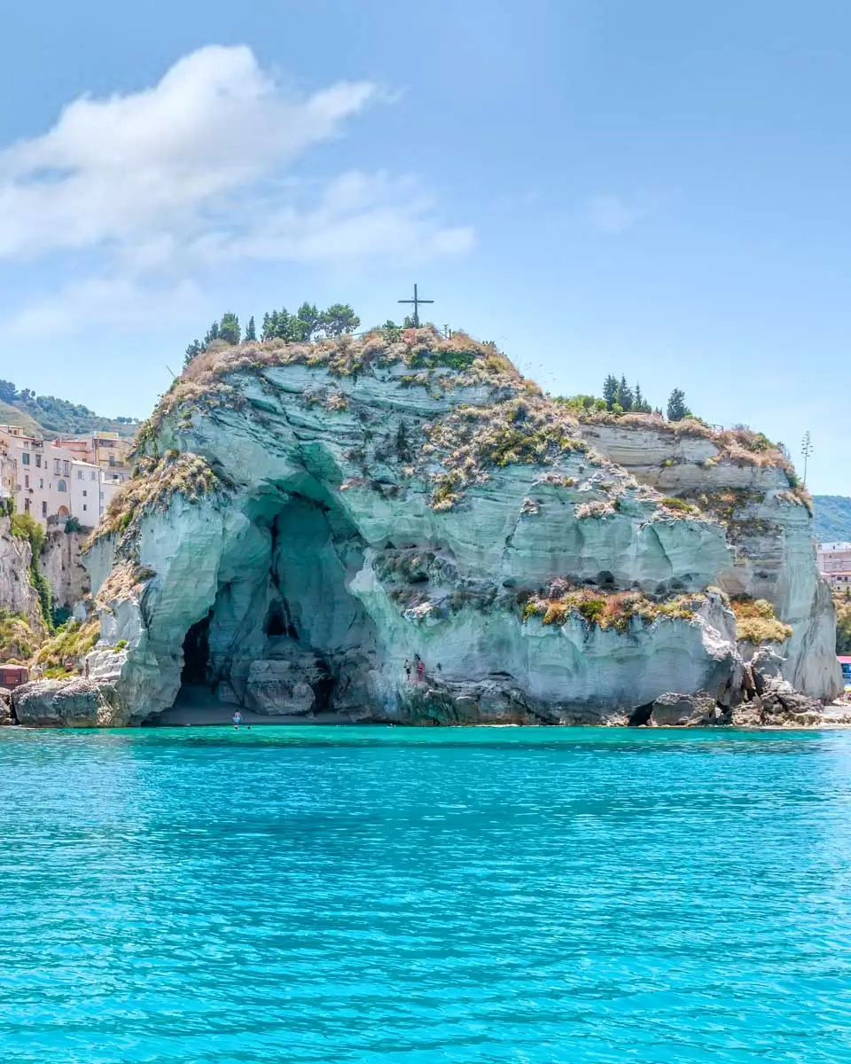 The Sanctuary of Santa Maria dell'Isola seen from the water in Tropea, Italy