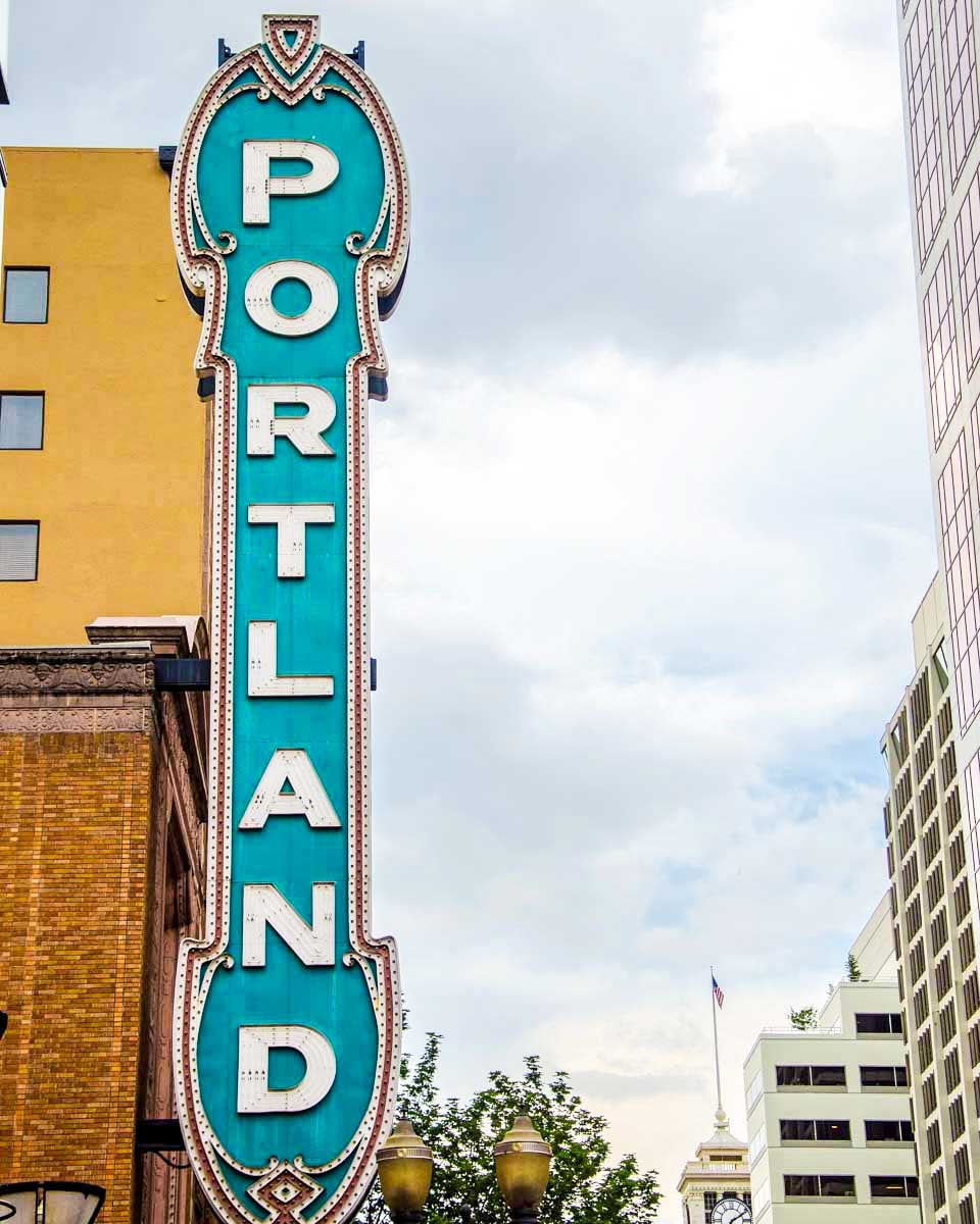 The famous Portland sign on the Arlene Schnitzer Concert Hall, Portland, Oregon