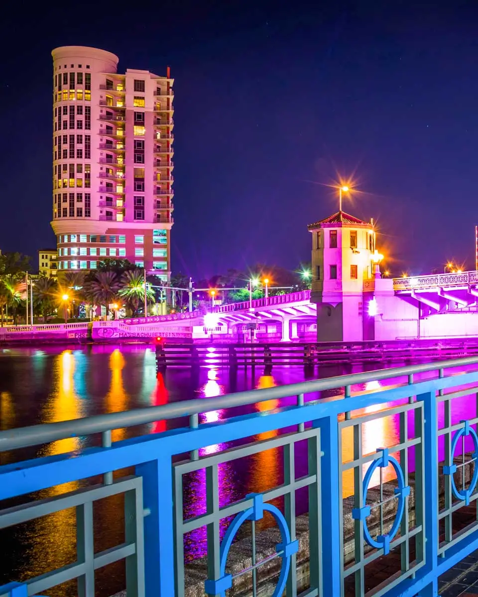 The riverwalk at night in Tampa, Florida
