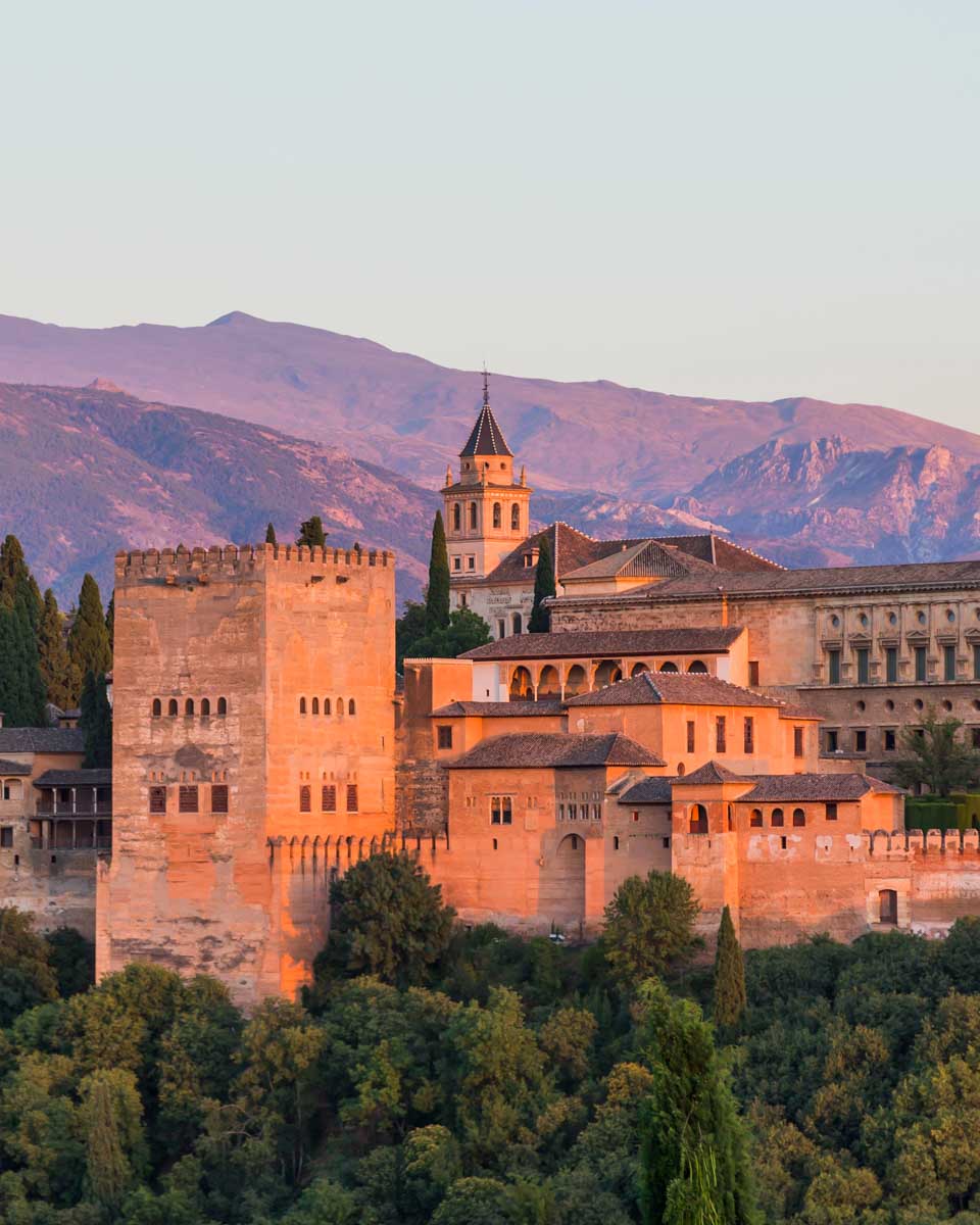 View of Alhambra Palace at sunset in Granada, Spain